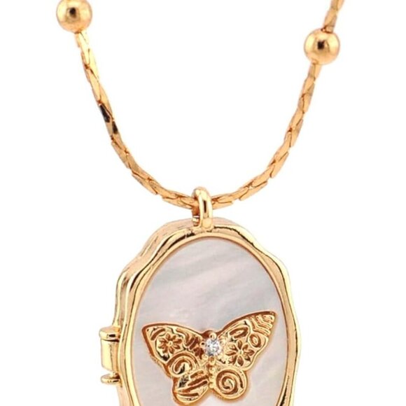 Jewelry - Dainty Gold Necklace for Women, 14k Gold Butterfly Shell Locket Charm, Gifts for